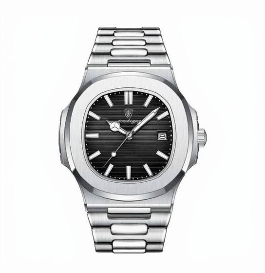 Silver watch with black dial on a white background