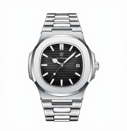 Silver watch with black dial on a white background